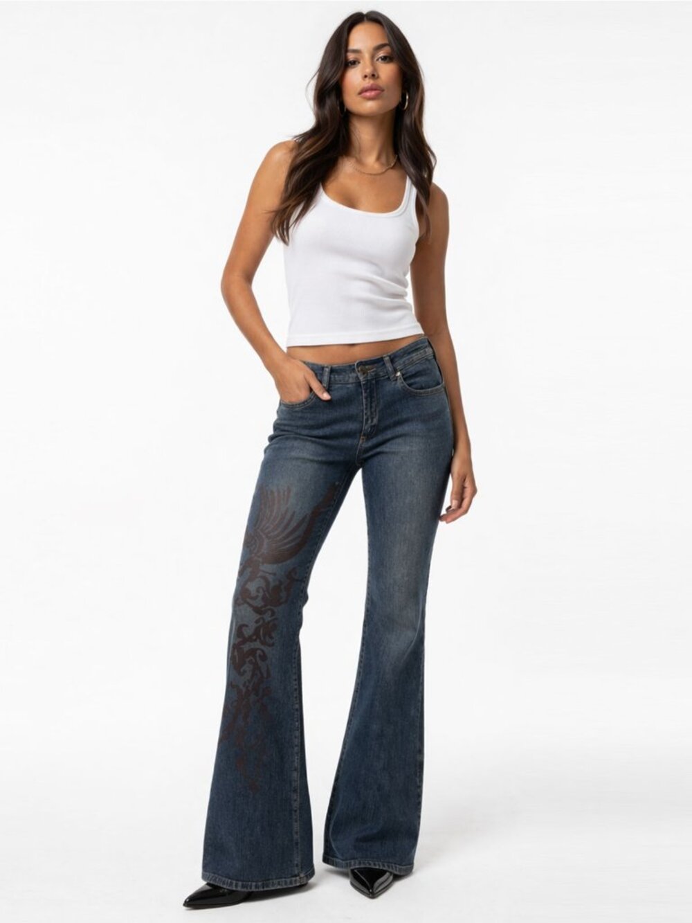 Y London Stretch Flare Jeans Flocked Velvet Design Denim Blue Zip Fly Retro 30